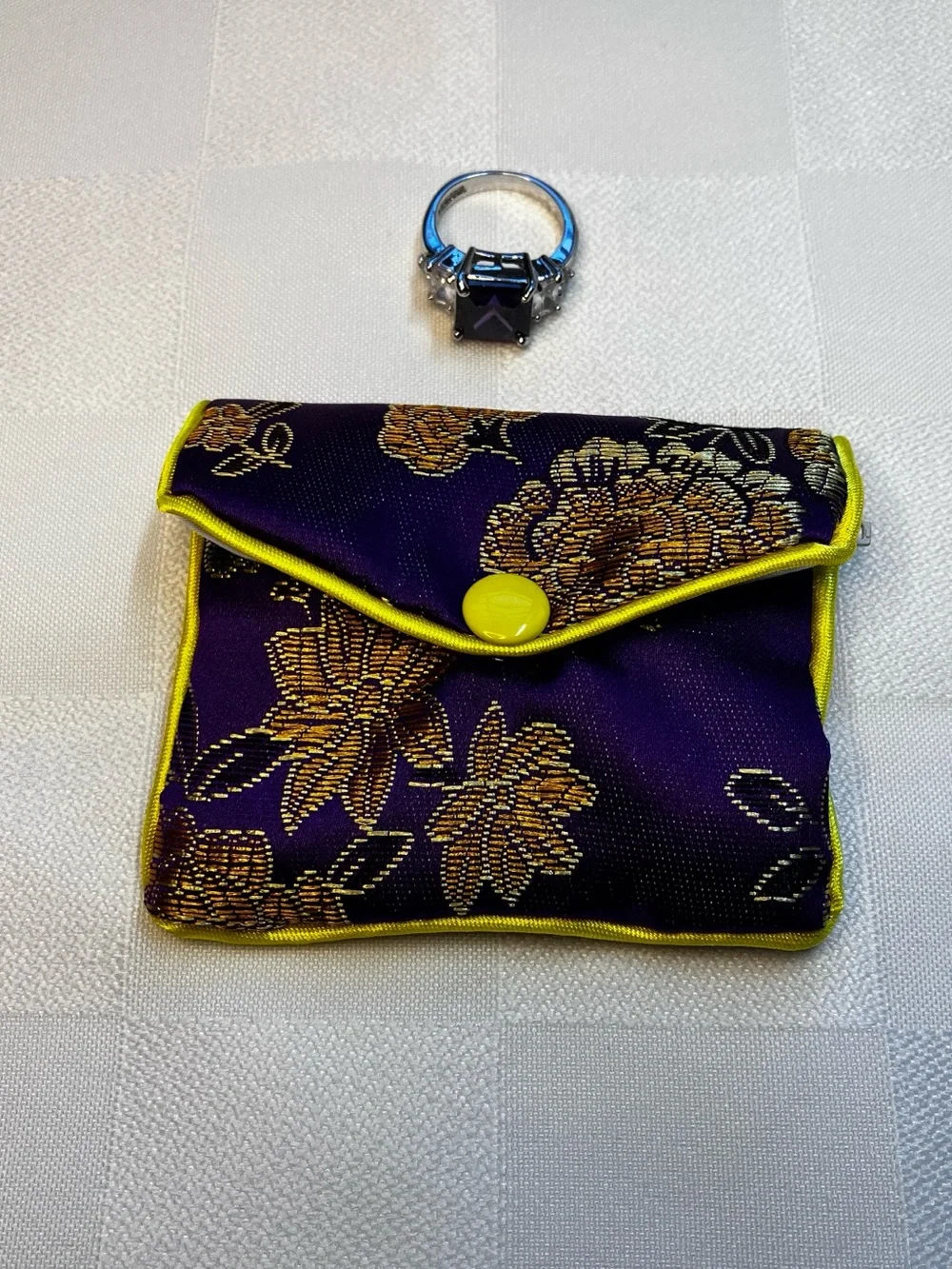 Square Silver Plated Faceted Purple Statement Ring with Floral Brocade Pouch, 7